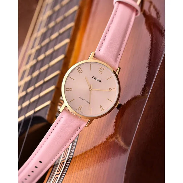 Casio LTP-VT01GL-4B női karóra, rózsaszín bőr, arany tok, kvarc, díszdoboz