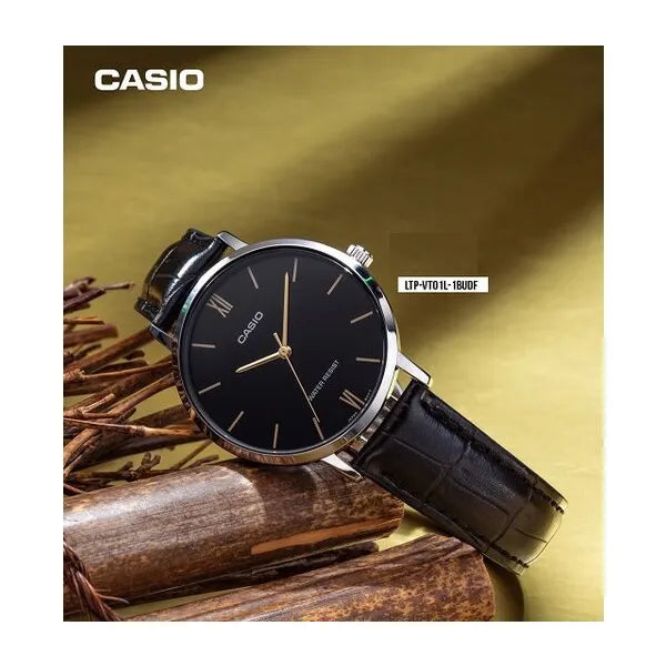 Casio LTP-VT01L-1B női karóra, fekete bőrszíj, ezüst tok, 40 mm, WR30, doboz