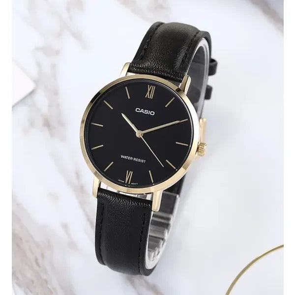 Casio LTP-VT01L-1B női karóra, fekete bőrszíj, ezüst tok, 40 mm, WR30, doboz