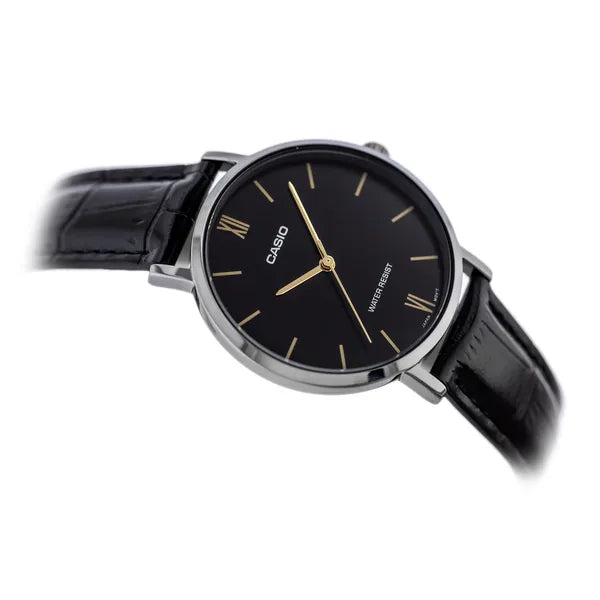 Casio LTP-VT01L-1B női karóra, fekete bőrszíj, ezüst tok, 40 mm, WR30, doboz