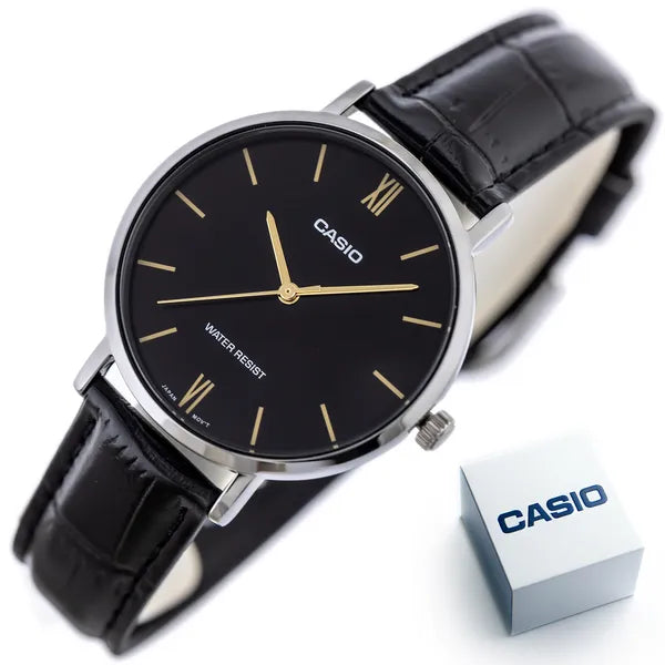 Casio LTP-VT01L-1B női karóra, fekete bőrszíj, ezüst tok, 40 mm, WR30, doboz