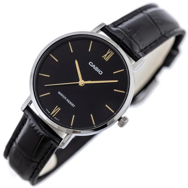 Casio LTP-VT01L-1B női karóra, fekete bőrszíj, ezüst tok, 40 mm, WR30, doboz