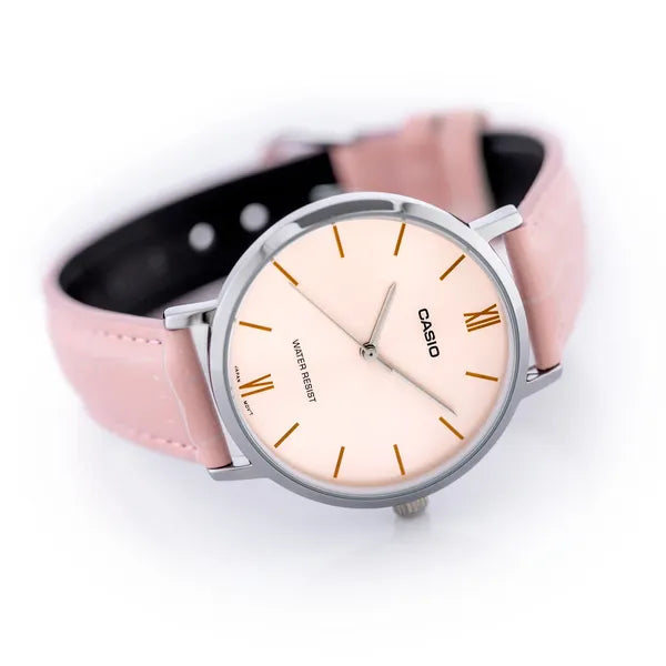 Casio LTP-VT01L-4B női karóra, 34 mm, rózsaszín bőrszíj, rózsaarany számlap
