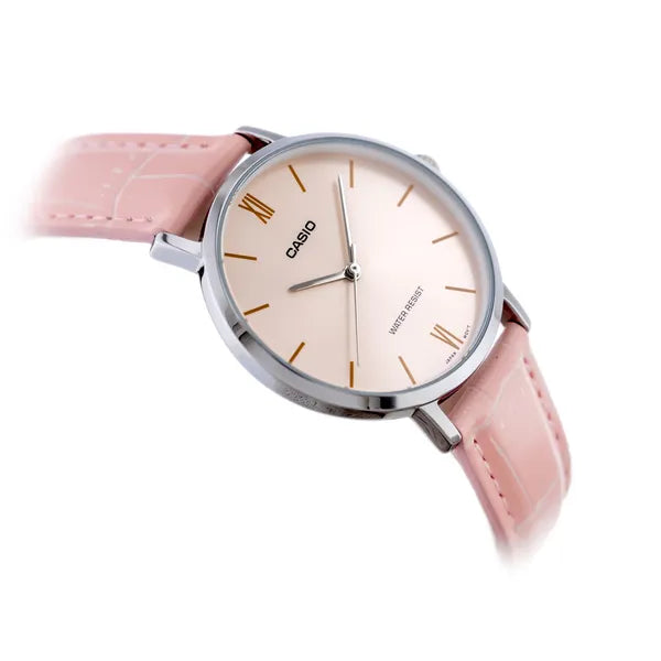 Casio LTP-VT01L-4B női karóra, 34 mm, rózsaszín bőrszíj, rózsaarany számlap