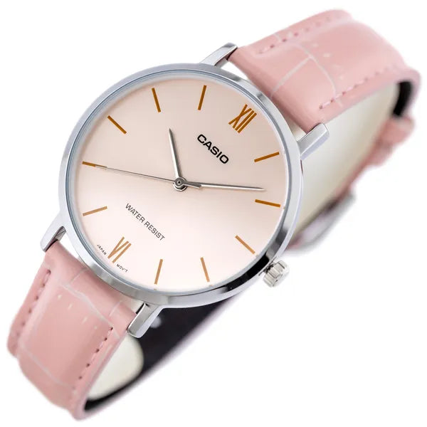 Casio LTP-VT01L-4B női karóra, 34 mm, rózsaszín bőrszíj, rózsaarany számlap