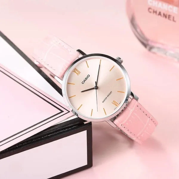 Casio LTP-VT01L-4B női karóra, 34 mm, rózsaszín bőrszíj, rózsaarany számlap