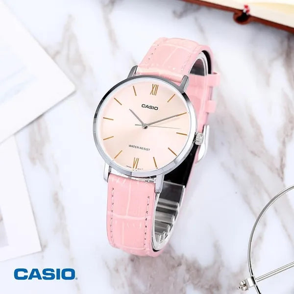 Casio LTP-VT01L-4B női karóra, 34 mm, rózsaszín bőrszíj, rózsaarany számlap