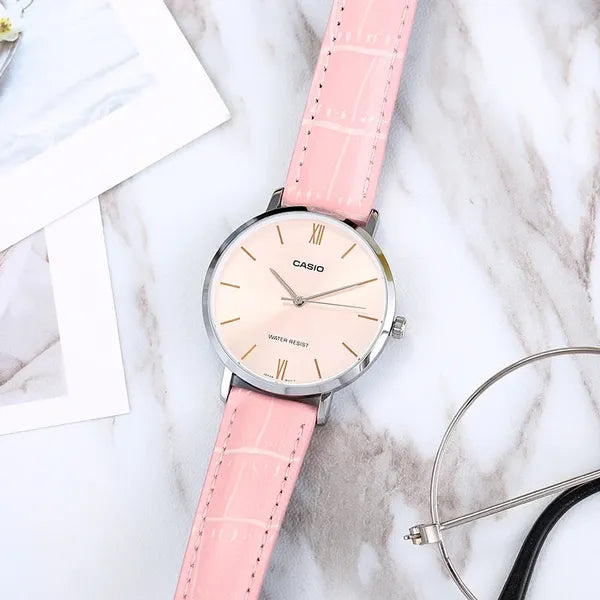 Casio LTP-VT01L-4B női karóra, 34 mm, rózsaszín bőrszíj, rózsaarany számlap