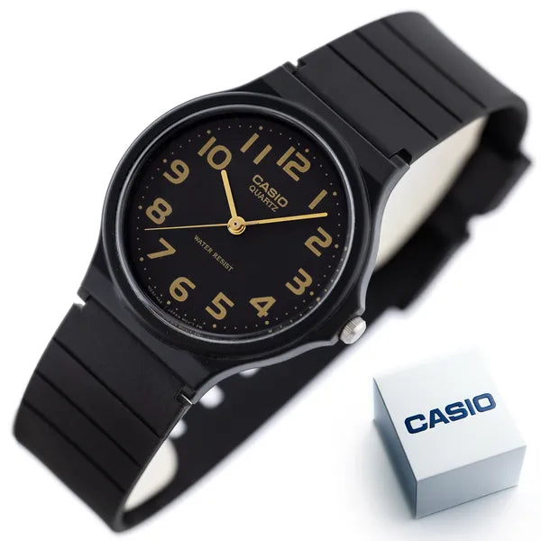 Casio MQ-24-1B2 uniszex kvarc karóra, fekete/arany, WR30, műanyag, 35 mm
