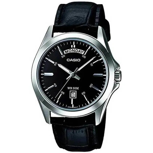 Casio MTP-1370L-1A férfi karóra, kvarc, fekete számlap, bőr szíj, WR50