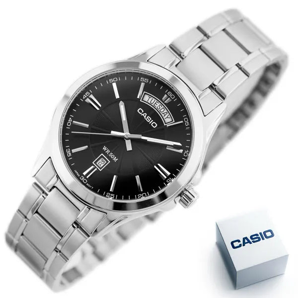 Casio MTP-1381D-1AVDF férfi karóra, acél szíj, fekete számlap, WR50