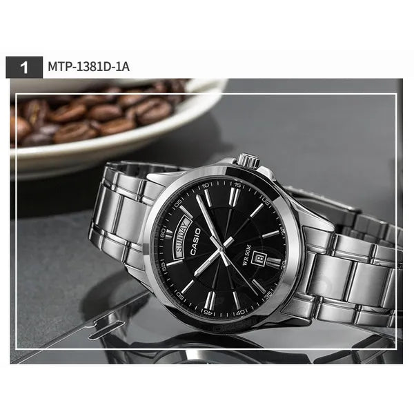 Casio MTP-1381D-1AVDF férfi karóra, acél szíj, fekete számlap, WR50