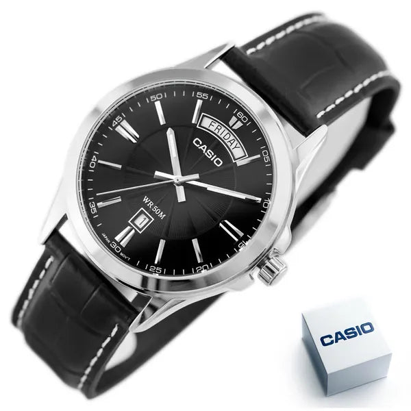 Casio MTP-1381L-1A férfi karóra, fekete bőr szíj, WR50, 40 mm