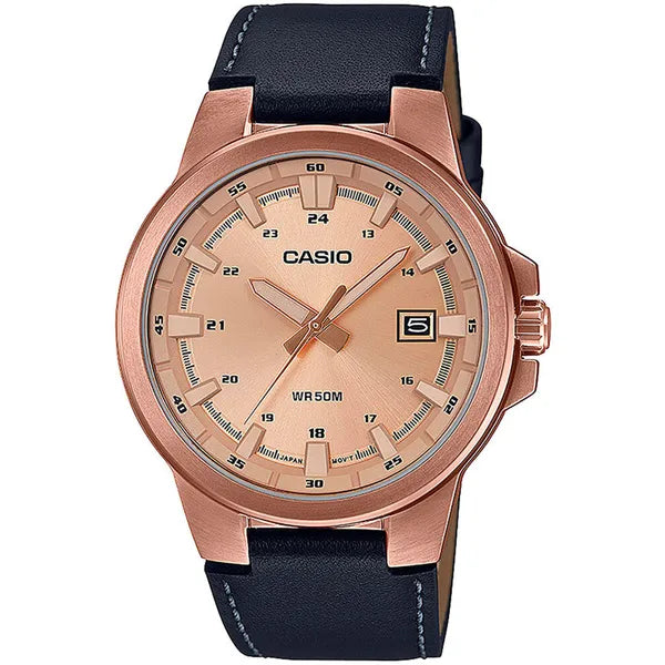 Casio MTP-E173RL-5A férfi karóra, rozéarany számlap, bőrszíj, WR50, dobozzal