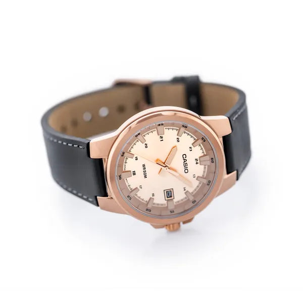 Casio MTP-E173RL-5A férfi karóra, rozéarany számlap, bőrszíj, WR50, dobozzal