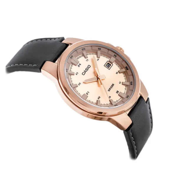 Casio MTP-E173RL-5A férfi karóra, rozéarany számlap, bőrszíj, WR50, dobozzal