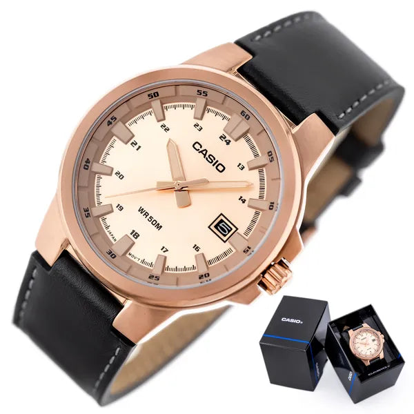 Casio MTP-E173RL-5A férfi karóra, rozéarany számlap, bőrszíj, WR50, dobozzal