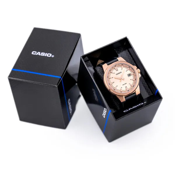 Casio MTP-E173RL-5A férfi karóra, rozéarany számlap, bőrszíj, WR50, dobozzal