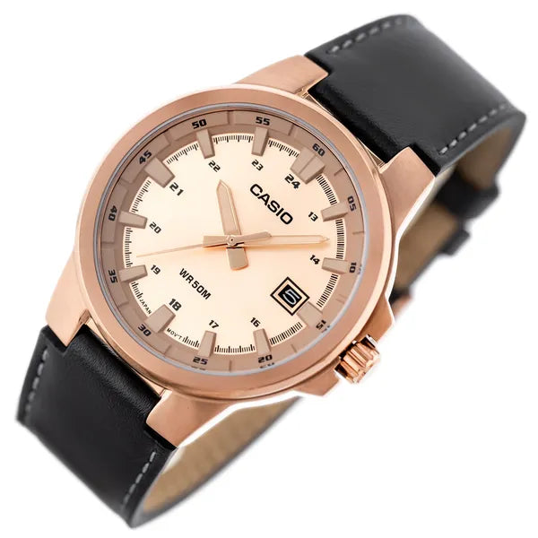 Casio MTP-E173RL-5A férfi karóra, rozéarany számlap, bőrszíj, WR50, dobozzal