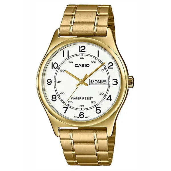 Casio MTP-V006G-7B férfi karóra, arany acélszíj, fehér számlap, WR30, dátum