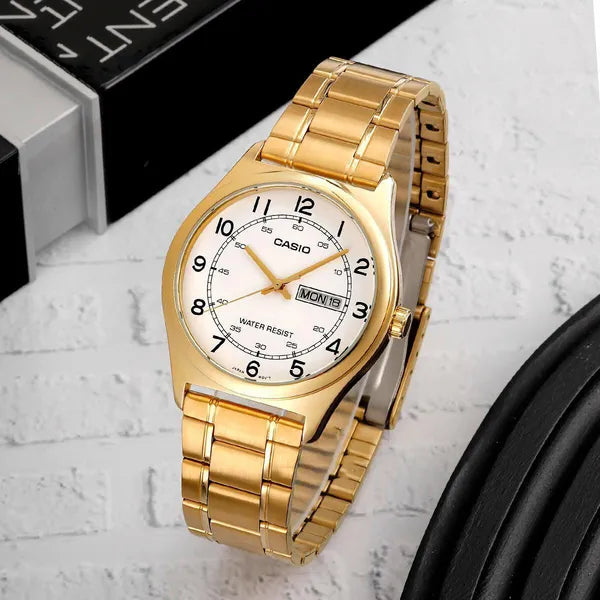 Casio MTP-V006G-7B férfi karóra, arany acélszíj, fehér számlap, WR30, dátum