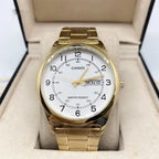 Casio MTP-V006G-7B férfi karóra, arany acélszíj, fehér számlap, WR30, dátum