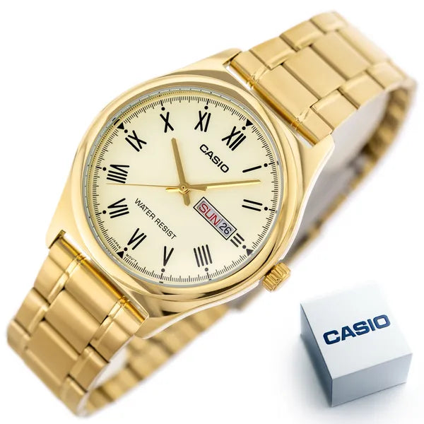 Casio MTP-V006G-9B férfi karóra, arany acél szíj, 38 mm, sárga számlap