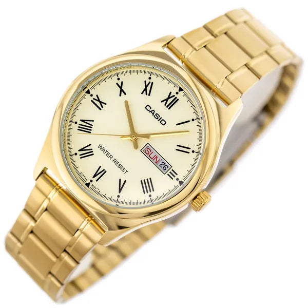 Casio MTP-V006G-9B férfi karóra, arany acél szíj, 38 mm, sárga számlap