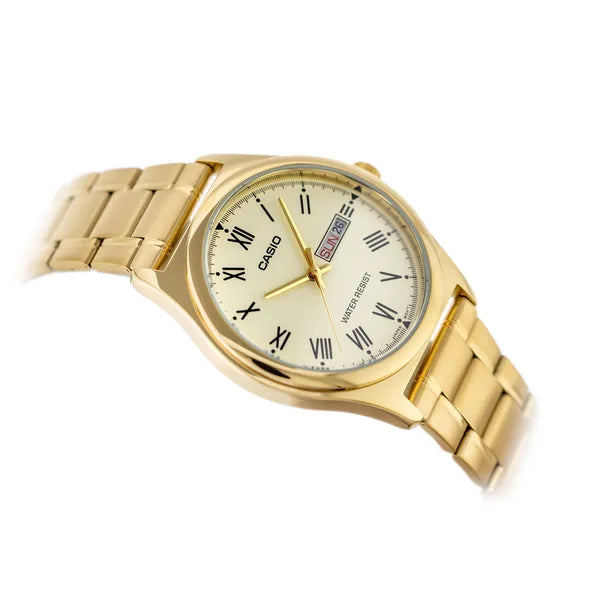 Casio MTP-V006G-9B férfi karóra, arany acél szíj, 38 mm, sárga számlap