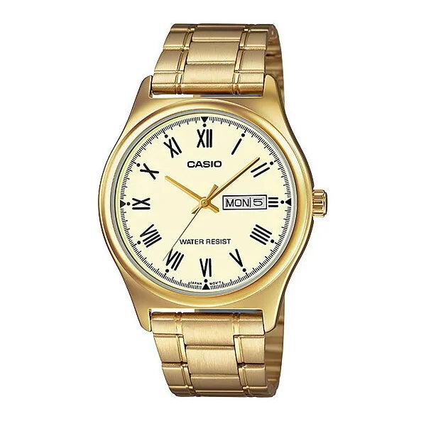 Casio MTP-V006G-9B férfi karóra, arany acél szíj, 38 mm, sárga számlap