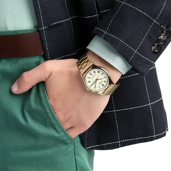 Casio MTP-V006G-9B férfi karóra, arany acél szíj, 38 mm, sárga számlap