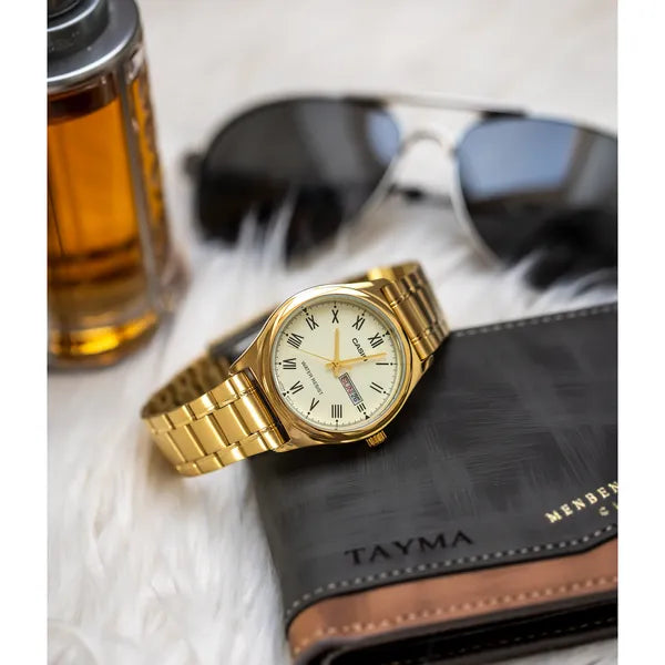 Casio MTP-V006G-9B férfi karóra, arany acél szíj, 38 mm, sárga számlap