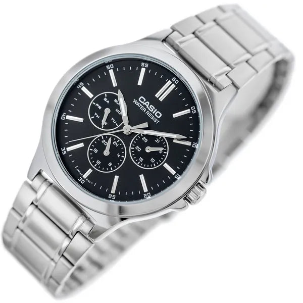 Casio MTP-V300D-1A férfi karóra, acél szíj, fekete számlap, kvarc, 46 mm