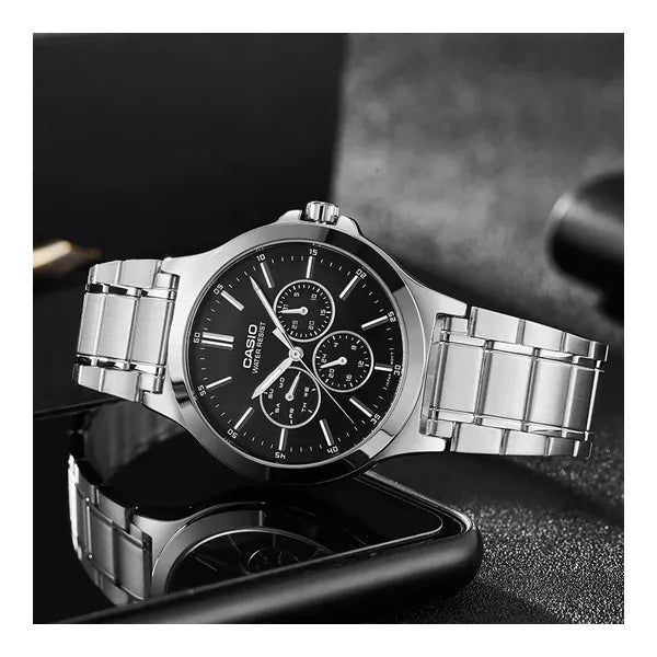 Casio MTP-V300D-1A férfi karóra, acél szíj, fekete számlap, kvarc, 46 mm
