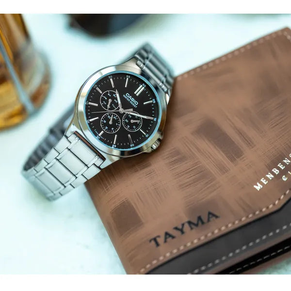 Casio MTP-V300D-1A férfi karóra, acél szíj, fekete számlap, kvarc, 46 mm