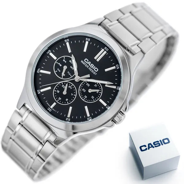 Casio MTP-V300D-1A férfi karóra, acél szíj, fekete számlap, kvarc, 46 mm
