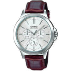 Casio MTP‑V300L‑7A férfi karóra, 41 mm, ezüst számlap, barna bőrszíj, WR30