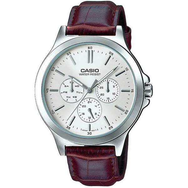Casio MTP‑V300L‑7A férfi karóra, 41 mm, ezüst számlap, barna bőrszíj, WR30