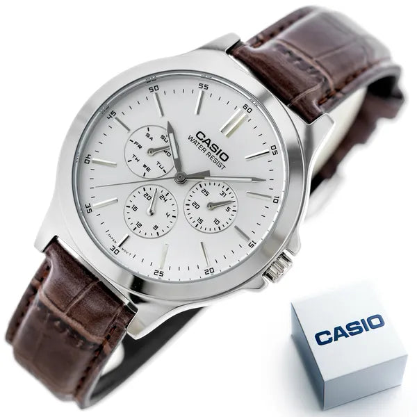 Casio MTP‑V300L‑7A férfi karóra, 41 mm, ezüst számlap, barna bőrszíj, WR30