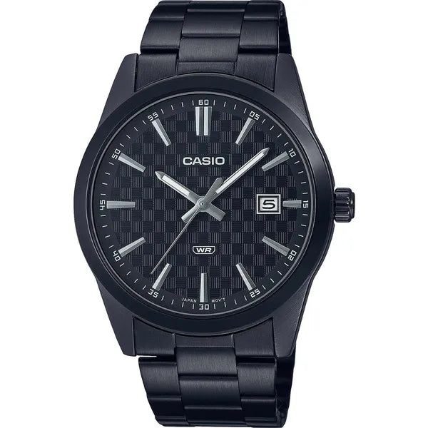 Casio MTP-VD03B-1A férfi karóra, fekete, 42 mm, kvarc, WR50, dátum, díszdoboz