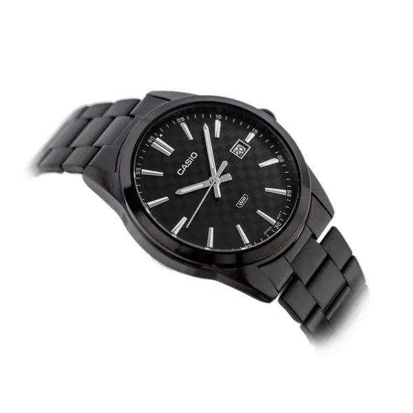 Casio MTP-VD03B-1A férfi karóra, fekete, 42 mm, kvarc, WR50, dátum, díszdoboz