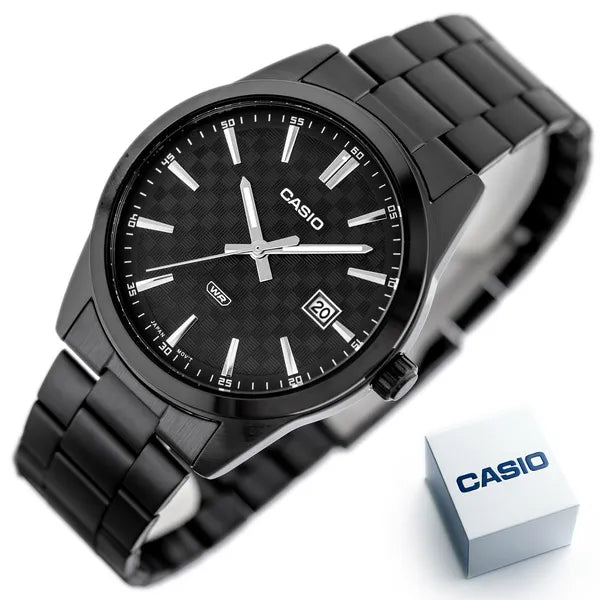 Casio MTP-VD03B-1A férfi karóra, fekete, 42 mm, kvarc, WR50, dátum, díszdoboz