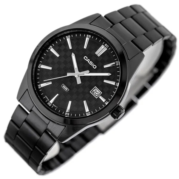Casio MTP-VD03B-1A férfi karóra, fekete, 42 mm, kvarc, WR50, dátum, díszdoboz