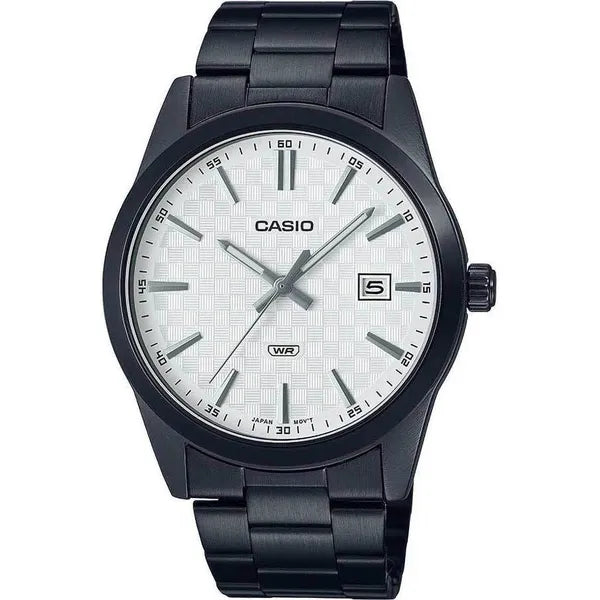 Casio MTP-VD03B-7A férfi karóra, fekete acél, 42 mm, fehér számlap, WR50