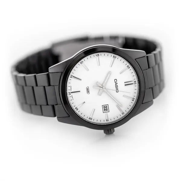 Casio MTP-VD03B-7A férfi karóra, fekete acél, 42 mm, fehér számlap, WR50