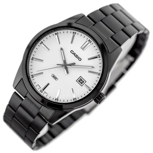 Casio MTP-VD03B-7A férfi karóra, fekete acél, 42 mm, fehér számlap, WR50