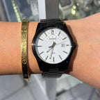 Casio MTP-VD03B-7A férfi karóra, fekete acél, 42 mm, fehér számlap, WR50