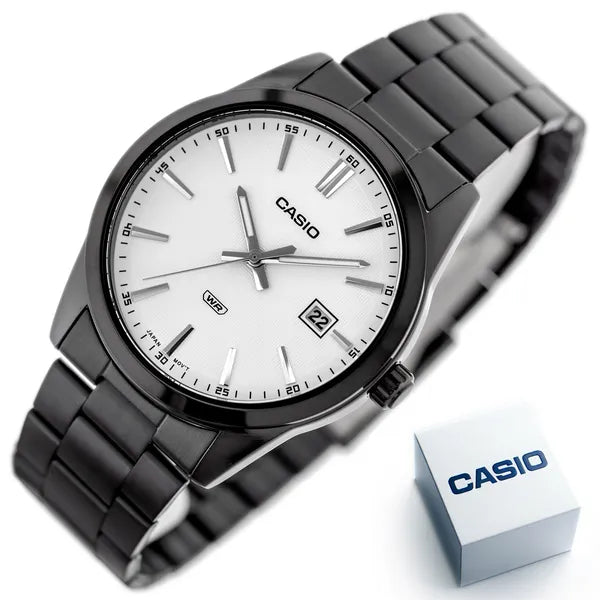 Casio MTP-VD03B-7A férfi karóra, fekete acél, 42 mm, fehér számlap, WR50