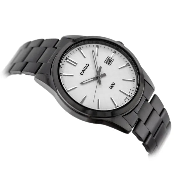 Casio MTP-VD03B-7A férfi karóra, fekete acél, 42 mm, fehér számlap, WR50