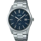 Casio MTP-VD03D-2A férfi kvarc karóra, acél, kék számlap, WR50, dátum, díszdoboz